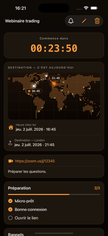 La carte du monde avec le trajet vers la destination